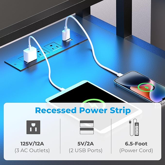 GreenForest Small Desk for Bedroom, 39.4 inch Computer Desk with 2 Drawers, Gaming Desk with LED Light and Power Outlet, Reversible Office Desk with Monitor Stand, Desk for Small Spaces, Black - LeafyLoom