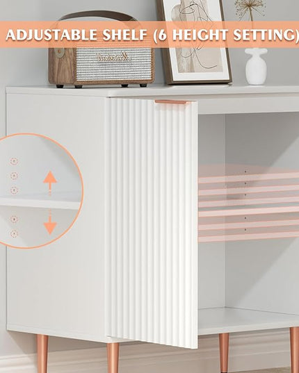 White Fluted Buffet Cabinet,Wood Sideboard Buffet Cabinet with Storage & Rose Gold Colored Metal Legs, Accent Cabinet for Living Room,Dining Room,Kitchen, Assemble Easily - LeafyLoom