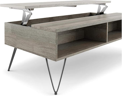 SIMPLIHOME Hunter SOLID MANGO WOOD and Metal 48 Inch Wide Rectangle Industrial Lift Top Coffee Table in Grey, For the Living Room and Family Room - LeafyLoom
