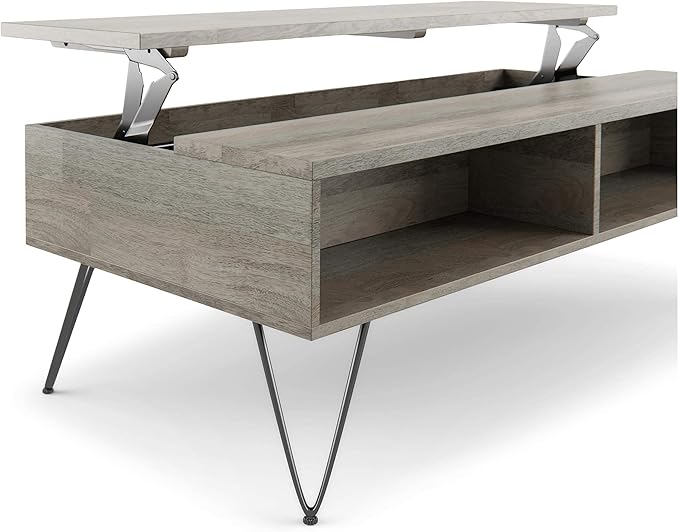 SIMPLIHOME Hunter SOLID MANGO WOOD and Metal 48 Inch Wide Rectangle Industrial Lift Top Coffee Table in Grey, For the Living Room and Family Room - LeafyLoom