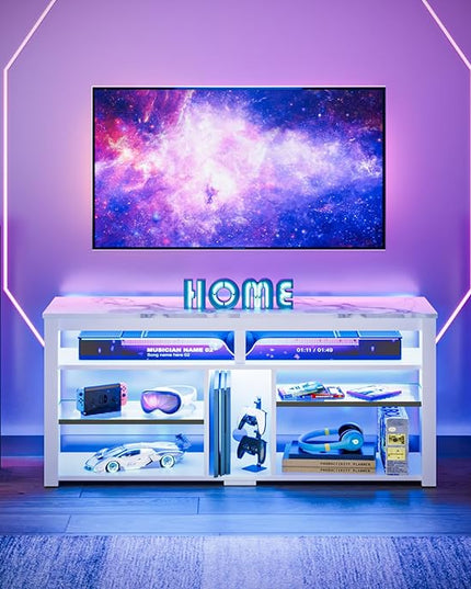 Bestier LED Tall Entertainment Center, 55 inch TV Stand for 55/60/65 inch TV, TV Console with Storage for PS5, Media TV Cabinet with Adjustable Shelf for Living Room, White Marble - LeafyLoom