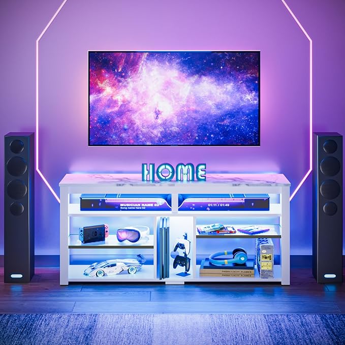 Bestier LED Tall Entertainment Center, 55 inch TV Stand for 55/60/65 inch TV, TV Console with Storage for PS5, Media TV Cabinet with Adjustable Shelf for Living Room, White Marble - LeafyLoom