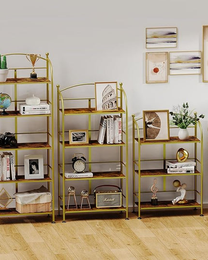 FRAPOW Folding Bookshelf No Assembly, 5 Tier Shelf Gold Collapsible Bookcase, Arched Metal Display Tall Book Shelf with Storage Shelves for Bedroom, Living Room, Home Office, Dorm - LeafyLoom