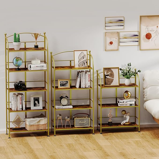 FRAPOW Folding Bookshelf No Assembly, 5 Tier Shelf Gold Collapsible Bookcase, Arched Metal Display Tall Book Shelf with Storage Shelves for Bedroom, Living Room, Home Office, Dorm - LeafyLoom