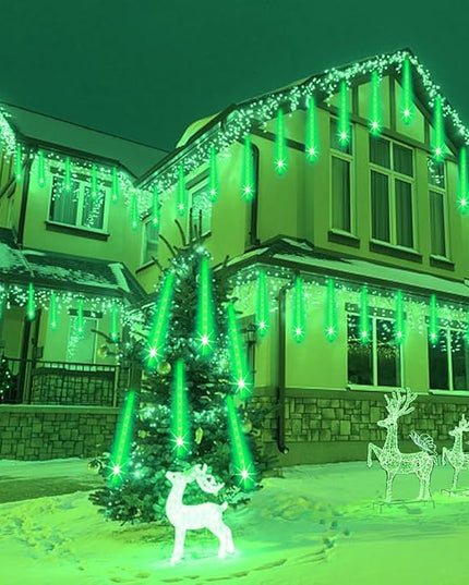 Halloween Lights Outdoor, Meteor Shower Lights Christmas Lights for Halloween Decorations, 8Tube 192LED Snow Falling Rain Icicle String Lights for Xmas Christmas Decor Tree Party,UL Plug Green Weepong
