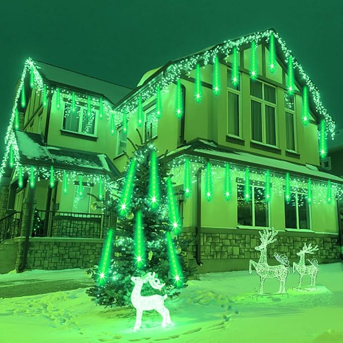 Halloween Lights Outdoor, Meteor Shower Lights Christmas Lights for Halloween Decorations, 8Tube 192LED Snow Falling Rain Icicle String Lights for Xmas Christmas Decor Tree Party,UL Plug Green Weepong