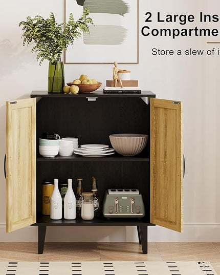 Rattan Decorated Buffet Cabinet - 2 Doors Simple Style Storage Cabinet, Shoe Cabinet with Adjustable Shelves, Sideboard for Kitchen, Living Room, Hallway, Entryway (Black) - LeafyLoom