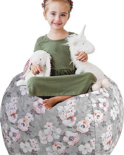 Creative QT Stuff ’n Sit Extra Large 38’’ Bean Bag Storage Cover for Stuffed Animals & Toys, Giant Beanbag Chair for Plush, Toddler & Kids Rooms Bedroom Organizer, Grey Floral - LeafyLoom