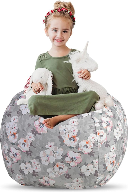 Creative QT Stuff ’n Sit Extra Large 38’’ Bean Bag Storage Cover for Stuffed Animals & Toys, Giant Beanbag Chair for Plush, Toddler & Kids Rooms Bedroom Organizer, Grey Floral - LeafyLoom