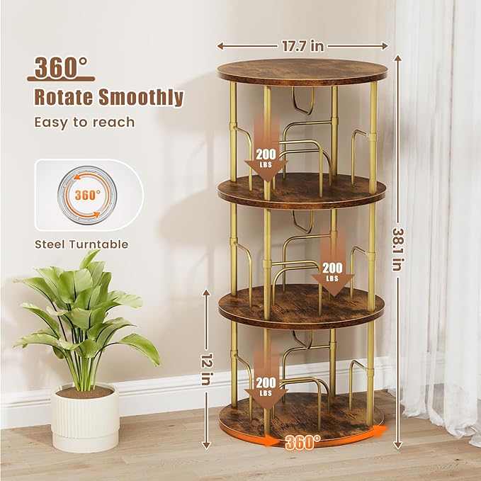 Rotating Bookshelf, 3 Tier Round Revolving Bookcase with Special Visible Partition Storage, 360° Display Spinning Bookshelf Tower Storage Organizer Rack for Bedroom, Living Room, Small Space, Gold - LeafyLoom