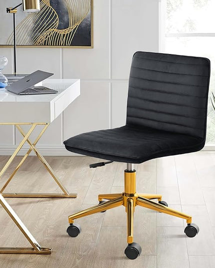Furniliving Home Office Chair, Armless Vanity Chair with Wheels Swivel Velvet Computer Rolling Desk Chair with Back, Adjustable Accent Chair with Gold Metal Base Stool Chair,Black - LeafyLoom