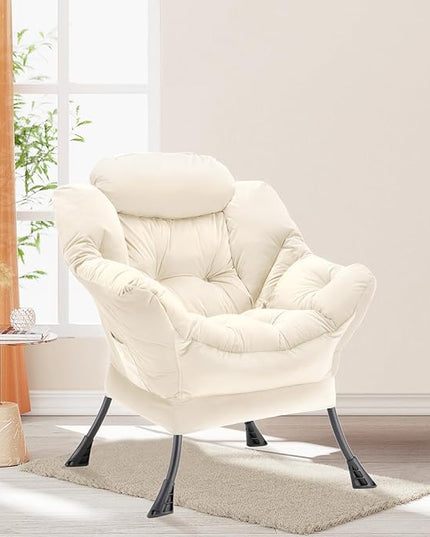 Lazy Chair Thick Padded, Accent Chair Velvet Upholstered with Wide Seat, Stable Metal Frame and Non-Slip Pad, Modern Sofa Armchair with Side Storage Bag for Dorm, Room, Office, Beige - LeafyLoom