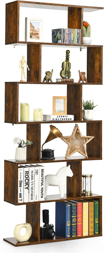 BETTARY 6-Tier Bookshelf, Freestanding S-Shaped Geometric Display Shelf, Modern Tall Bookcase for Home Office, Living Room, Bedroom, Coffee - LeafyLoom