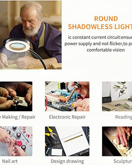 Desk Magnifying Glass with Light 10X, Clip on Desk Lamp,Craft Lamp Adjustable Lighted Magnifying Glass with Stand Portable Eye LED Lamp 3 Colors Dimmable for Reading Crafts Workbench(Sliver 2.0) - LeafyLoom