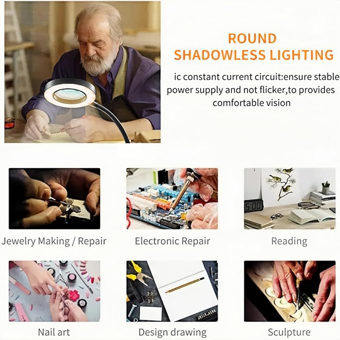 Desk Magnifying Glass with Light 10X, Clip on Desk Lamp,Craft Lamp Adjustable Lighted Magnifying Glass with Stand Portable Eye LED Lamp 3 Colors Dimmable for Reading Crafts Workbench(Sliver 2.0) - LeafyLoom