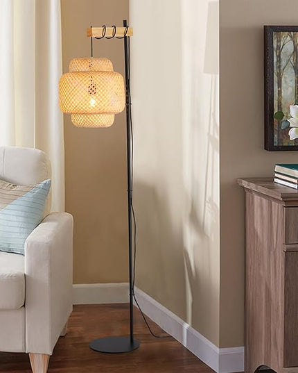 Rattan Floor Lamps-Bamboo 62inch Tall Standing Lighting Wicker Lantern Hanging Lamp E26 Fixture with Wooden Holder Industrial Metal Black Floor Lights for Living Room,Dinner Room - LeafyLoom