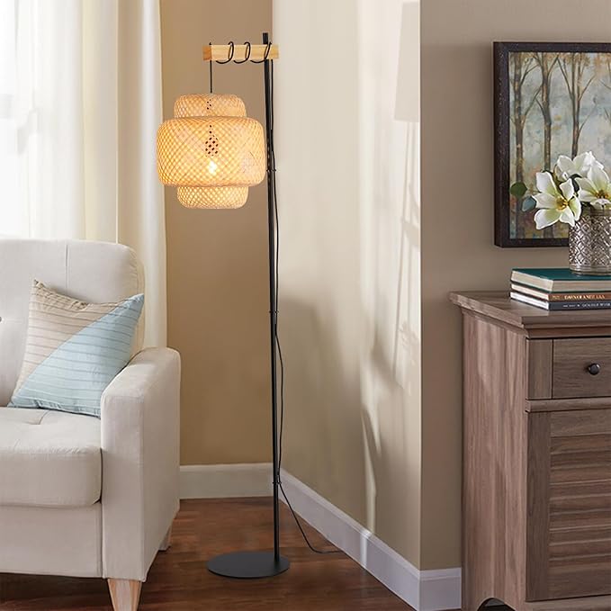 Rattan Floor Lamps-Bamboo 62inch Tall Standing Lighting Wicker Lantern Hanging Lamp E26 Fixture with Wooden Holder Industrial Metal Black Floor Lights for Living Room,Dinner Room - LeafyLoom