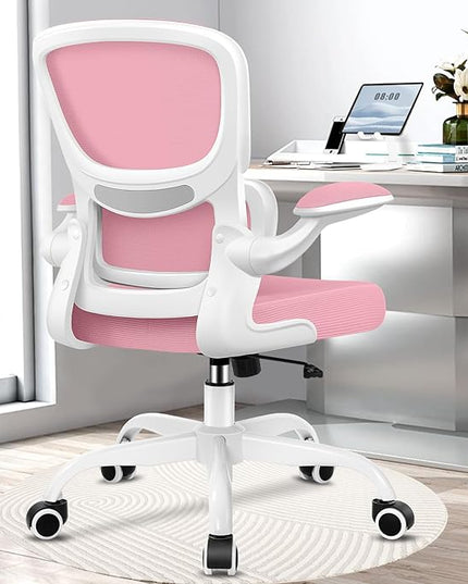 Office Chair, Ergonomic Desk Chair with Lumbar Support and Adjustable Armrests, Comfy Desk Chair Breathable Mesh Mid Back Computer Chair, Reclining Office Chair for Home Office - Pink - LeafyLoom