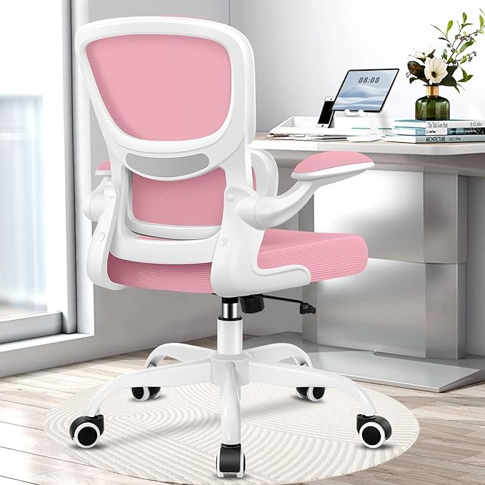 Office Chair, Ergonomic Desk Chair with Lumbar Support and Adjustable Armrests, Comfy Desk Chair Breathable Mesh Mid Back Computer Chair, Reclining Office Chair for Home Office - Pink - LeafyLoom
