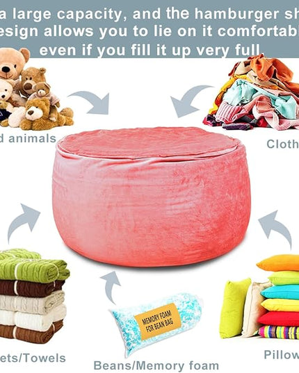 Bean Bag Chair Cover, Stuffed Animal Storage, Plush Toys Organizer Holder, Beanbag Chairs Cover for Kids Teans and Adults Super Soft and Comfortable Fabric X-Large with Handle and Zipper -Round Pink - LeafyLoom