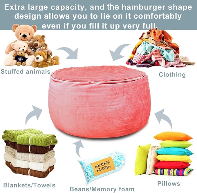 Bean Bag Chair Cover, Stuffed Animal Storage, Plush Toys Organizer Holder, Beanbag Chairs Cover for Kids Teans and Adults Super Soft and Comfortable Fabric X-Large with Handle and Zipper -Round Pink - LeafyLoom