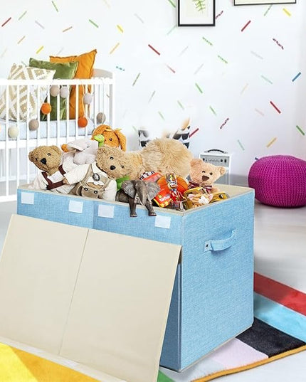 popoly Large Toy Box Chest with Lid, Collapsible Sturdy Toy Bin Storage Organizer Boxes Baskets for Kids, Boys, Girls, Nursery, Playroom, 25"x13" x16" (Linen Blue) - LeafyLoom