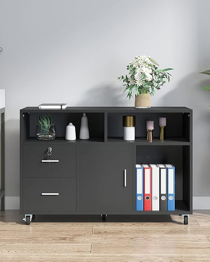 YITAHOME Wood File Cabinet, 2 Drawer Mobile Lateral Storage Cabinet Printer Stand with Lock and Open Storage Shelves for Home Office, Black,Drawers without Hanging Bars - LeafyLoom