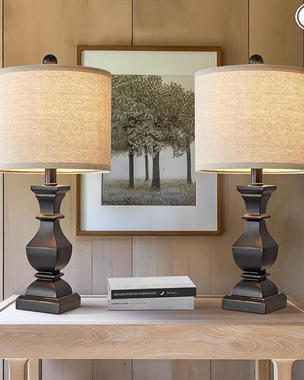 PoKat 20.5" Mid Century Table Lamp Sets of 2 for Living Room Retro Style Farmhouse Table Lamp for Bedroom Classic Beige Resin Bedside Night Light Lamps, Suitable for Small Place - LeafyLoom