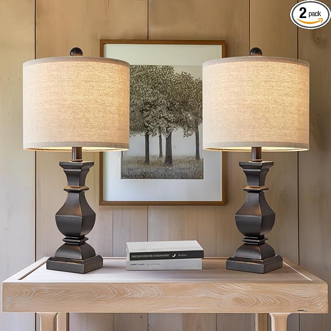 PoKat 20.5" Mid Century Table Lamp Sets of 2 for Living Room Retro Style Farmhouse Table Lamp for Bedroom Classic Beige Resin Bedside Night Light Lamps, Suitable for Small Place - LeafyLoom