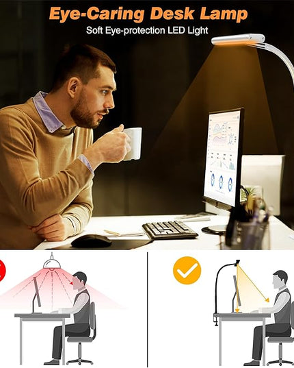 LED Desk Lamp for Office Home, Eye-Caring Desk Light with Stepless Dimming Adjustable Flexible Gooseneck, 10W USB Adapter Desk Lamp with Clamp for Reading, Study, Workbench (White) - LeafyLoom