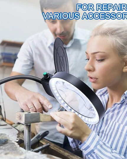 Magnifying Glass with Light and Stand, 10X 20X Magnifying Desk Lamp with Brightness Stepless Dimmable, Adjustable Gooseneck for Reading, Close Work, Hobbies - LeafyLoom
