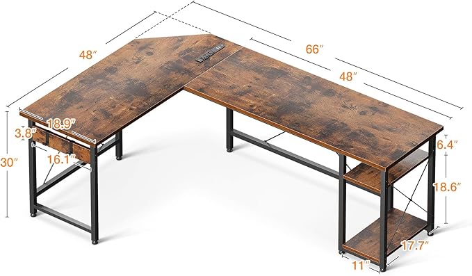 Coleshome L Shaped Computer Desk 66" with Power Outlet & Storage Shelves, Corner Sturdy Writing Desk Workstation, Modern Wooden Office Gaming Desk, Wood & Metal, Vintage - LeafyLoom
