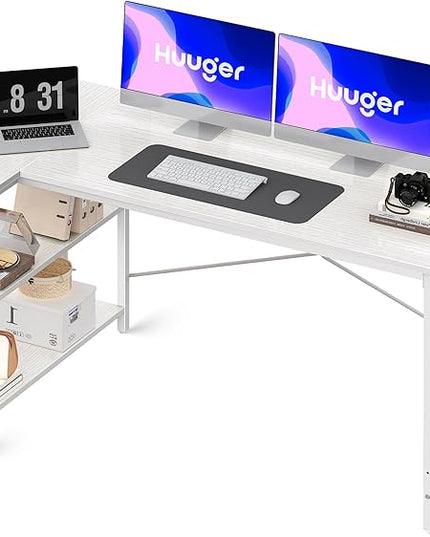 L Shaped Desk, 55 Inches Computer Desk with Reversible Storage Shelves, Gaming Desk, Corner Desk Home Office Desks, Writing Desk Study Desk with Metal Frame, White - LeafyLoom