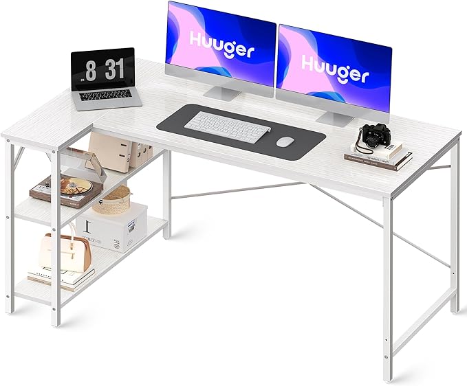 L Shaped Desk, 55 Inches Computer Desk with Reversible Storage Shelves, Gaming Desk, Corner Desk Home Office Desks, Writing Desk Study Desk with Metal Frame, White - LeafyLoom
