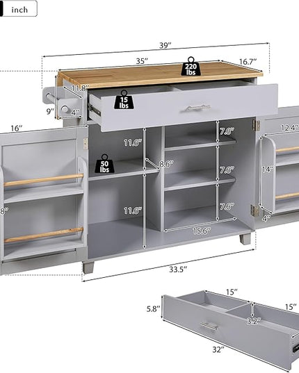 Island with Storage, Rolling Kitchen Cart on Wheels w/Drop Leaf, Internal Cabinet, Adjustable Shelf Towel Rack and Rubber Wood Countertop, for Dining Room, Home, Grey, 39 Inch - LeafyLoom