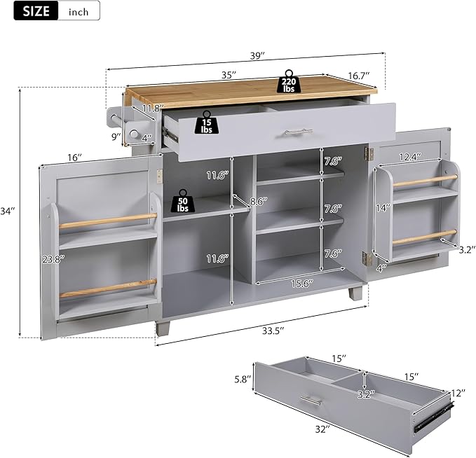 Island with Storage, Rolling Kitchen Cart on Wheels w/Drop Leaf, Internal Cabinet, Adjustable Shelf Towel Rack and Rubber Wood Countertop, for Dining Room, Home, Grey, 39 Inch - LeafyLoom