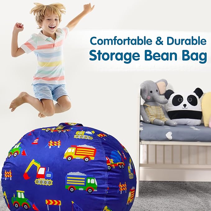 Lukeight Stuffed Animal Storage Bean Bag Chair Cover for Kids, Zipper Beanbag Chair Cover for Organizing Toddler & Kids' Rooms Plush Toys (Excavator Velvet, X-Large) - LeafyLoom