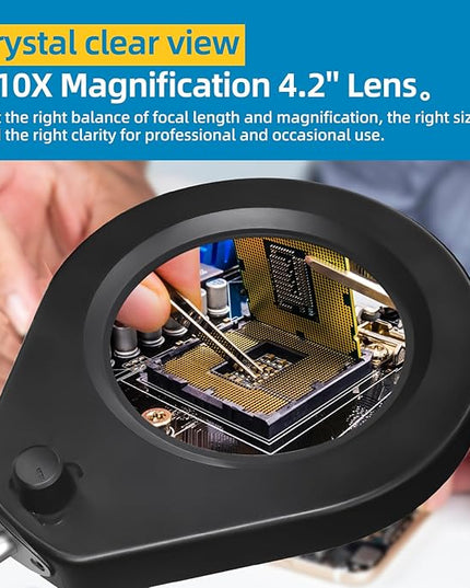 Magnifying Glass with Light and Clamp, 10X Real Glass / 2.5'' Opening Clamp/Lighted Magnifying Glass in 5-Color 10-Level Dimmable/Postioned by Swing Arm/for Close Work Hobbies Precision Tasks - LeafyLoom