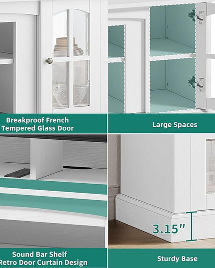 YITAHOME Farmhouse Sideboard Buffet Cabinet with Power Outlet, 58'' LED Coffee Bar Storage Cabinets with Adjustable Shelves and Glass Doors, Wood Rustic Accent Cabinet for Dinning Room, White & Black - LeafyLoom
