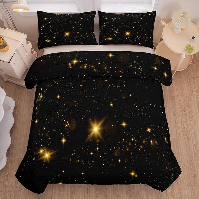 Tailor Shop Glitter Bedding Sets Full Size Black and Glod Comforter Sets for Kids Boys Teens Star Glitter Comforter Sets Twinkle Starlight Comforter Sets with 1 Comforter 1 Pillowcases - LeafyLoom