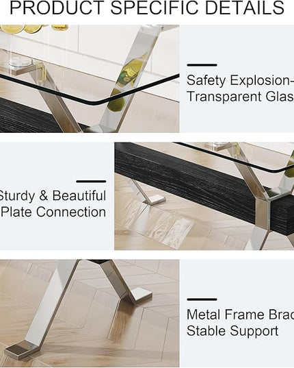 Rectangular Table with Tempered Glass Tabletop,Modern Dinner Desk W/Metal Tubular Legs, Home,Kitchen,Dining Room,Office,Silver, 79" Black Crossbars - LeafyLoom