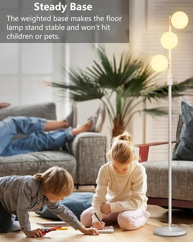 64IN Dimmable White Floor Lamp, Tall Standing Lamps with 3 Globe Soft Warm White Eye Care 3000K G9 Bulbs, Mid Century Modern Floor Lamp for Bedroom Office - LeafyLoom