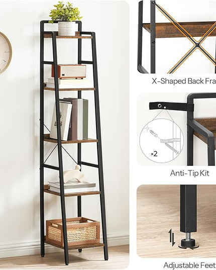 HOOBRO Bookcase, 5-Tier Narrow Bookshelf, Industrial Ladder Shelf, Skinny Bookshelf for Small Spaces, Corner Storage Shelf for Home Office, Living Room, Rustic Brown and Black BF35SJ01 - LeafyLoom