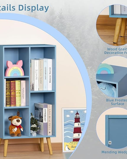 YAHARBO 5 Cube Bookshelf, Blue Kids Book Shelf with Cubby Storage,Wooden Modern Bookcase with Legs,3 Tier Freestanding Display Book Case,Children Toy Organizer,Bookshelves for Office,Nursery,Playroom - LeafyLoom