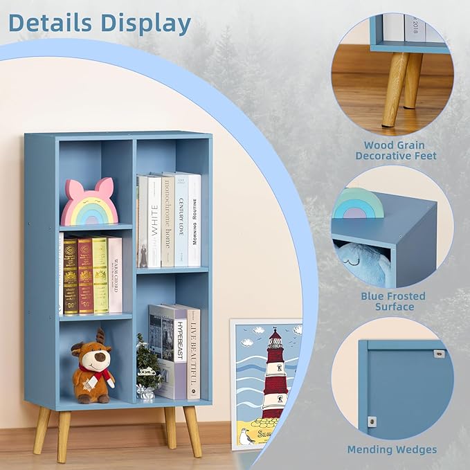 YAHARBO 5 Cube Bookshelf, Blue Kids Book Shelf with Cubby Storage,Wooden Modern Bookcase with Legs,3 Tier Freestanding Display Book Case,Children Toy Organizer,Bookshelves for Office,Nursery,Playroom - LeafyLoom