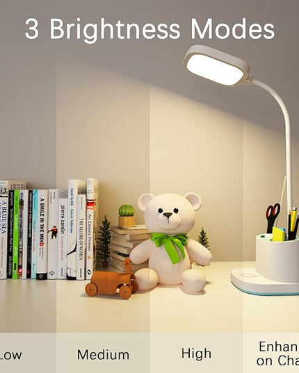 Desk Lamp College Dorm Room Essentials for Girls Guys, 3 Color Reading Lamp with USB Charging Port, Pen Holder, LED Desk Light for Home Office, Rechargeable Battery Cordless, Flexible Gooseneck, White - LeafyLoom