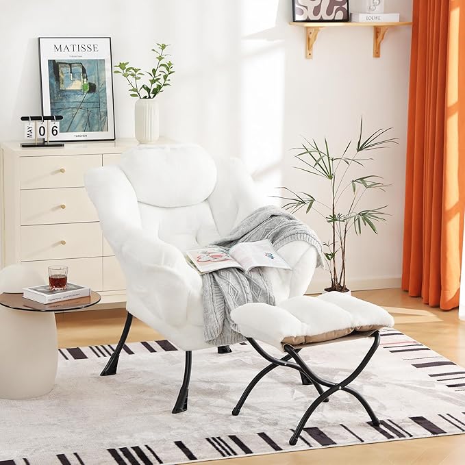 Cozy Lazy Chair and Ottoman, Large Contemporary Accent Lounge Chair Set, Leisure Upholstered Reading Armchair for Bedroom, Living Room, Dorm Rooms, Office - LeafyLoom