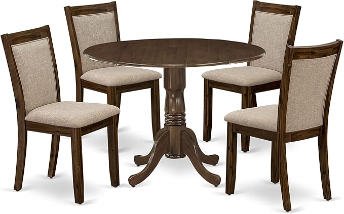 East West Furniture Dublin 5 Piece Kitchen Set for 4 Includes a Round Room Table with Dropleaf and 4 Light Tan Linen Fabric Parsons Dining Chairs, 42x42 Inch, Natural Walnut - LeafyLoom