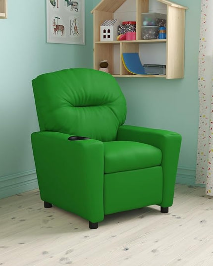 Flash Furniture Chandler Vinyl Kids Recliner with Cup Holder and Safety Recline, Contemporary Reclining Chair for Kids, Supports up to 90 lbs., Green - LeafyLoom