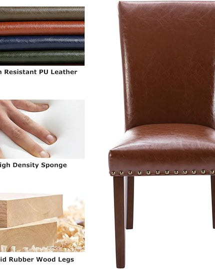 COLAMY Upholstered Parsons Dining Chairs Set of 2, PU Leather Dining Room Kitchen Side Chair with Nailhead Trim and Wood Legs - Light Brown - LeafyLoom
